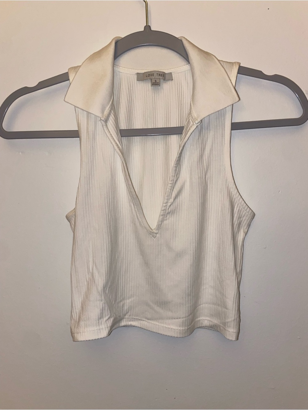 Love Tree Cream Ribbed V-Neck Collared Tank